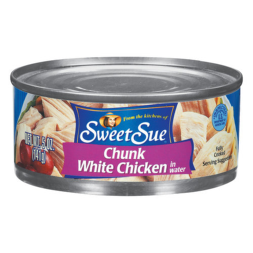 Chunk white chicken in water. From the kitchen of Sweet Sue. Fully cooked.  Inspected for wholesomeness by U.S. Department of Agriculture. Questions or comments? Call 1-800-633-3294. Please recycle when empty. Sweet Sue Premium White Chicken in Water is skinless, boneless, premium 100% White Chicken - delicious, convenient and 97% fat free. It's never been easier to enjoy your favorite chicken recipes!