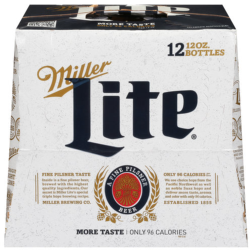 A fine pilsner beer. Fine Pilsner Taste: Inside is a fine pilsner beer, brewed with the highest quality ingredients. Our secret is Miller Lite's special triple hops brewing recipe. Only 96 Calories per 12 oz: We use choice hops from the Pacific Northwest as well as noble Saaz hops and deliver more taste, aroma and color with only 96 calories. Established 1855. More taste. Corn syrup is used as a part of the brewing process only. Miller Lite never uses high fructose corn syrup. Since 1855. Drink responsibly. Please recycle.
