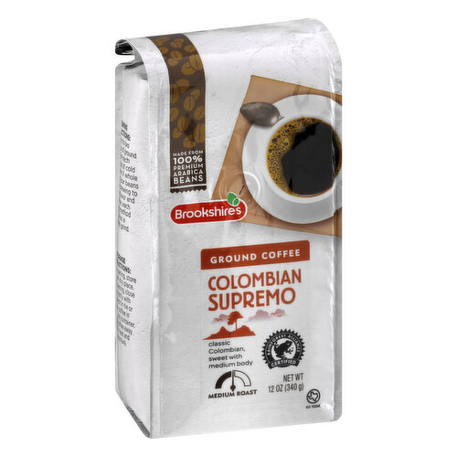 Classic Colombian, sweet with medium body. Made from 100% premium Arabica beans. Go Texan. Our coffee buyers travel the world, seeking out only the finest 100% Arabica coffee beans. Each bean is then skillfully blended to bring out its unique flavor characteristics. All of our coffees are overseen by our master roasters. This process ensures that each bean is roasted evenly throughout, leaving nothing behind but smooth and rich flavor. Since 1928: If you're not happy, we're not happy - 100% satisfaction, 100% of the time, guaranteed! brookshires.com. Questions? Call us at 1-903-534-3000. Rainforest Alliance Certified.