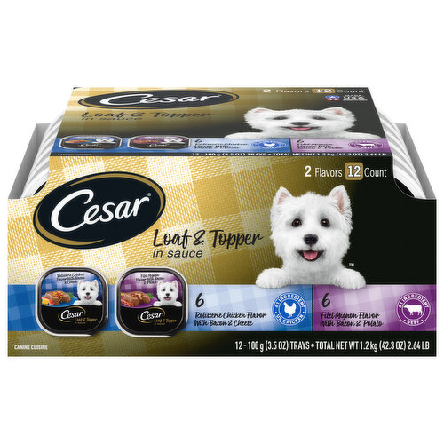 Cesar Canine Cuisine, Rotisserie Chicken Flavor/Filet mignon Flavor, Loaf & Topper in Sauce