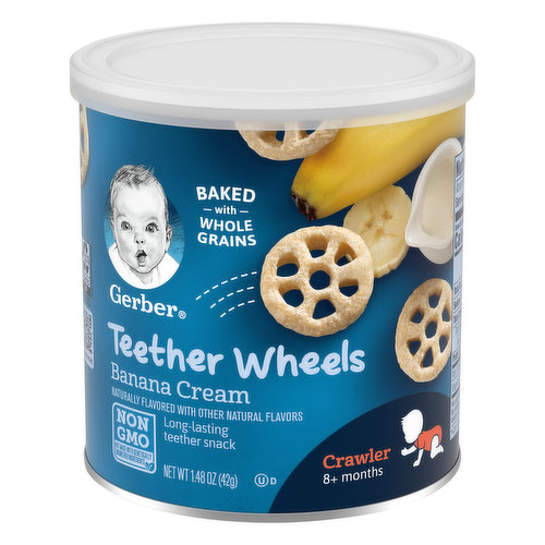 Baked. A perfect teething snack. Your baby may be ready for Teether Wheels if they: Craw without tummy on the floor; Start using fingers to eat; Start using jaw to mash food. Is your little one a Muncher? Gerber Teether Wheels soothe teething gums with a baked hard texture, satisfy with a crunchy bite and are just right for your little one to grasp and hold. Crawler 10+ Months: Your baby may be ready for Teether Wheels if they: Crawl without tummy on the floor. Start using fingers to eat start using jaw to mash food. This package is sold by weight, not by volume, and may not appear full due to settling of contents.