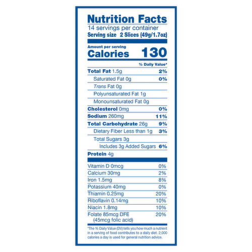 wonder bread nutrition label