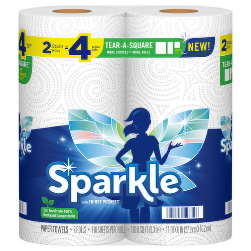 Sparkle Paper Towels, Double Rolls, Tear-A-Square, 2-Ply
