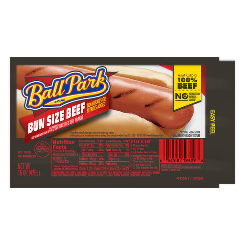 Ball Park Bun Size Beef Hot Dogs turns a great hot dog into a grill worthy masterpiece. Ball Park hot dogs are made with 100% beef. Fully cooked and ready to heat and serve, these uncured hot dogs go great on the grill. Top your bun length hot dog with chili and cheese or stick to the classic ketchup and mustard. Keep all beef uncured franks refrigerated.