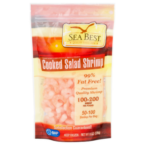 99% Fat free. Quality since 1979. Thaw & eat. Individually quick frozen. Premium quality shrimp 100-200 shrimp per pound. 50-100 shrimp per bag. A premium quality shrimp, cooked, ready to serve and 99% fat free! Farm raised. Satisfaction guaranteed! BAP certified. Best Aquaculture Practices: Processor. Farm. Hatchery. Feed. bapecertification.org. www.seabest.com. bapecertification.org. Product of Vietnam.