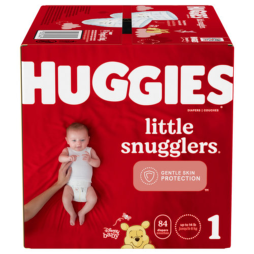 Designed for gentle skin protection to help support clean & healthy skin, Huggies Little Snugglers Diapers are perfect for your baby's sensitive skin. Little Snugglers feature Huggies' GentleAbsorb Liner, a layer that quickly draws moisture away and provides premium softness & breathability. The absorbent Leak Lock System helps eliminate leaks for up to 12 hours, offering unbeatable protection* that helps keep baby's skin comfortable & healthy. Little Snugglers also feature a wetness indicator, so you'll always know when baby is ready for a diaper change. Plus with a Pocketed Waistband, Huggies help prevent diaper blowouts & contain the mess. Little Snugglers disposable baby diapers are hypoallergenic & dermatologist tested. They're also fragrance free, lotion free, paraben free, and free of elemental chlorine & natural rubber latex. Preemie & Newborn sizes also feature an umbilical cord cutout to protect your baby's belly button while it heals. Featuring adorable Disney Winnie the Pooh designs, Little Snugglers Diapers are available in size Preemie (up to 6 lb.), size Newborn (up to 10 lb.), size 1 (up to 14 lb.), size 2 (12-18 lb.), size 3 (16-28 lb.), size 4 (22-37 lb.), size 5 (27+ lb.) and size 6 (35+ lb.). Join Huggies Rewards+ Powered by Fetch to get rewarded fast. Earn points on Huggies diapers and wipes, in addition to thousands of other products to redeem for hundreds of gift cards. Download the Fetch Rewards app to get started today! (*vs. a value brand)