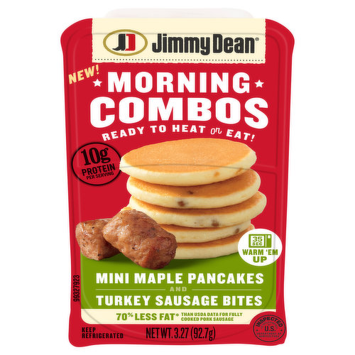 Savor the flavors of a favorite weekend brunch any day of the week with grab and go Jimmy Dean Morning Combos Mini Maple Pancakes and Turkey Sausage Bites. Perfect for busy mornings, this convenient heat and eat combo is packaged in a microwavable tray. Ready in seconds with 10 grams of protein per serving and 70% less fat than pork sausage, this fully cooked combo offers a light and delicious morning meal or snack. Includes one 3.27 oz single serve package of mini maple pancakes and turkey sausage bites. Jimmy Dean once said, "Sausage is a great deal like life. You get out of it what you put in." Which pretty much sums up his magic formula for having a great day. Today's your day to shine on.