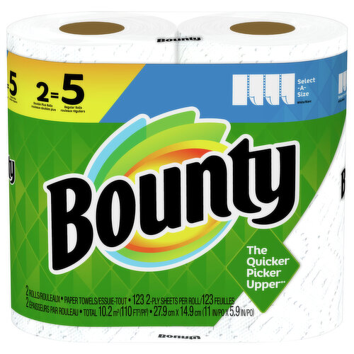 Don’t let spills and messes get in your way. Lock in confidence with Bounty, the Quicker Picker Upper*. This pack contains Bounty white Select-A-Size paper towels that are 2X more absorbent* and strong when wet, so you can get the job done quickly. *vs. leading ordinary brand