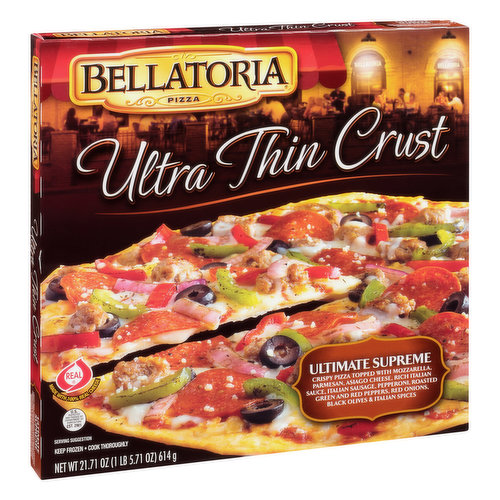 Real. Made with 100% real cheese. Crispy pizza topped with mozzarella, parmesan, asiago cheese, rich Italian sauce, Italian sausage, pepperoni, roasted green and red peppers, red onions, black olives & Italian spices. Pizza. Come to Bellatoria - a warm and inviting place where you're always welcome. This is where friends and family gather to relax, share lively conversation and enjoy good food. Bellatoria Pizzas bring the spirit, flavor and traditions of Italy to your table with delicious varieties of crusts and toppings that taste like they were prepared especially for you. U.S. inspected and passed by the Department of Agriculture. www.bernatellos.com. www.bellatoriapizza.com. To the Customer: Questions or comments? Retain carton and plastic wrap, write to Bernatello's Pizza, Inc., customer service, Box 729, Maple Lake, MN 55358. Visit our website: www.bernatellos.com. www.bellatoriapizza.com.
