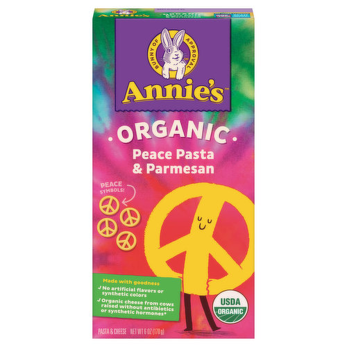 USDA Organic. Certified Organic by Oregon Tilth. We work with trusted suppliers to source only non-GMO ingredients.  Bunny of Approval. Peace symbols! Made with goodness. No artificial flavors or synthetic colors. Organic cheese from cows raised without antibiotics or synthetic hormones (No significant difference has been shown between milk derived from rBST-treated and non rBST-treated cows). annies.com. how2recycle.info. Hoppiness Starts Here: Visit Annies.com to learn more about our commitment to a better planet and to get a fun Annie's sticker. We love to hear your feedback! Contact us at Annies.com or 1-800-288-1089 and reference the Best If Used By date. Box Tops for Education: No more clipping. Scan your receipt. See how at BTFE.com. We reduce our bunny footprint by using: Certified 100% recycled paperboard. Minimum 35% post-consumer content. Recyclable.