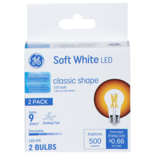 GE Light Bulb, LED, Soft White, Classic Shape, 2 Pack