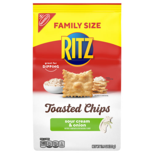 Natural flavor with other natural flavor. Per 13 Chips: 140 calories; 0.5 g sat fat (3% DV); 280 mg sodium (12% DV); 3 g total sugars. 40% less fat than the leading regular fried potato chip. Ritz toasted chips sour cream & onion have 6 g of fat per 30 g serving compare with 10 g per 28 g serving of the leading regular fried potato chip. Contains a bioengineered food ingredient. Great for dipping. These toasted crunchy chips have 40% less fat per 30g serving than the leading regular fried potato chip. Great for any dip! ritzcrackers.com. how2recycle.info. SmartLabel. Visit us at: ritzcrackers.com 1-800-622-4726. More Reasons to Love Ritz: Check Out Cheese Crispers: Delightfully thin and crispy bites, oven-baked with real, delicious cheese. Try Cheddar or Four Cheese & Herb. These toasted treats have 40% less fat per 30g serving than the leading regular potato chip. Great for any dip!