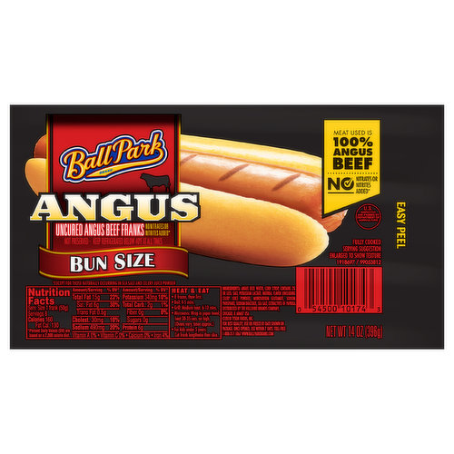Taste how 100% Angus beef franks turn a great hot dog into a grill worthy masterpiece. Ball Park Angus Beef Hot Dogs are made with 100% Angus beef and no by products or fillers and no added nitrites or nitrates except those naturally occurring in sea salt and celery juice powder. These Ball Park hot dogs have no artificial flavors or colors. Grill these Ball Park beef hot dogs, and serve with your favorites.