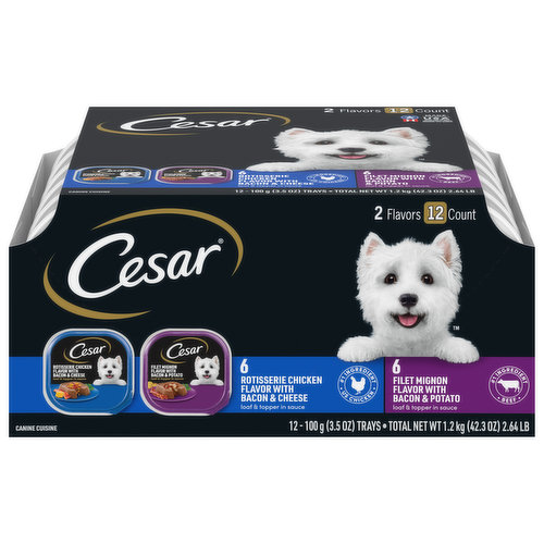 Cesar Canine Cuisine, Rotisserie Chicken Flavor/Filet mignon Flavor, Loaf & Topper in Sauce