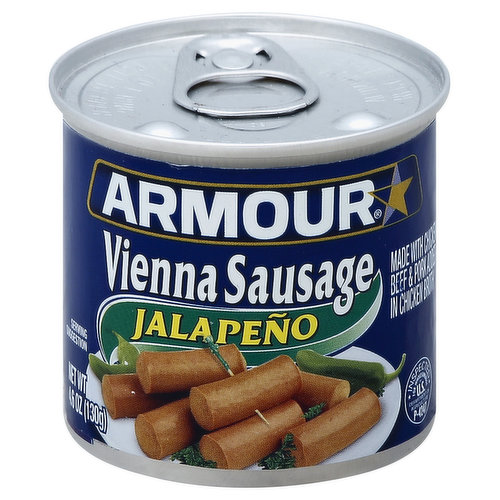 Made with chicken - beef & pork added - in chicken broth. Inspected for wholesomeness by US Department of Agriculture. Aluminum recyclable. Armour Jalapeno Vienna Sausages are bursting with flavor! Authentic spices blend with jalapeno peppers to create a unique south of the border taste. Perfect as ready to eat snack, or add them to your favorite dishes. For great Armour recipes, visit www.Armour-Star.com. Armour Vienna Sausage - America's favorite. Gluten free. Recyclable aluminum. Questions or comments? 1-800-528-0849 or www.Armour-Star.com. Satisfaction guaranteed. Made in USA.