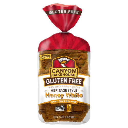 Make your sandwiches bigger and bolder with Canyon Bakehouse® Gluten Free Heritage Style Honey White Sandwich Bread. This large-sliced bread is deliciously sweetened with honey and ready for your greatest sandwich creations. Don't compromise taste or quality with 100% whole grain bread loaf that is certified gluten free, dairy-free, nut-free and soy-free, so your family can enjoy that bakery bread taste without hesitation. Find Canyon Bakehouse Honey White Bread in the freezer aisle and eat fresh out of the bag for 7-10 days or store in your freezer for up to 3 months. You'll need both hands to enjoy breakfast toast or lunchbox sandwich with these large bread slices. Stock your pantry with all the Canyon Bakehouse gluten free products, including gluten free bagels, English muffins, hamburger buns and more.
For more than 10 years, Canyon Bakehouse has raised the bar on gluten free baking, making delicious offerings the whole family will enjoy — so everyone can Love Bread Again®.