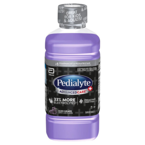 No. 1 Pharmacist & pediatrician recommended brand for hydration. 33% more electrolytes (60 mEq sodium electrolytes per liter vs 45 mEq in original Pedialyte). Preactiv prebiotics. Trusted by doctors and hospitals since 1966. Pedialyte is designed to prevent dehydration (For mild to moderate dehydration) more effectively than common beverages. Level Per Liter: Pedialyte AdvancedCare Plus. Pedialyte & Pedialyte AdvancedCare. Sports drink. Soda. 100% Apple juice. Water. Electrolyte sodium in Pedialyte compared to common beverages. 33% more electrolytes (60 mEq sodium electrolytes per liter vs 45 mEq in original Pedialyte) to help replenish higher electrolyte losses. Pedialyte AdvancedCare Plus quickly replenishes fluids, zinc, and electrolyte to help prevent dehydration due to: Vomiting & diarrhea, heat exhaustion, intense exercise, travel. Advanced Rehydration: Replaces electrolytes (Pedialyte), Replaces electrolytes (Pedialyte AdvancedCare), Replaces electrolytes (Pedialyte AdvancedCare+). Replenishes Zinc (Pedialyte), Replenishes Zinc (Pedialyte AdvancedCare), Replenishes Zinc (Pedialyte AdvancedCare+). PreActiv Prebiotics (Pedialyte AdvancedCare), PreActiv Prebiotics (Pedialyte AdvancedCare+). 33% more electrolytes (60 mEq sodium electrolytes per liter vs 45 mEq in original Pedialyte) (Pedialyte AdvancedCare+). Designed for fast, effective rehydration.