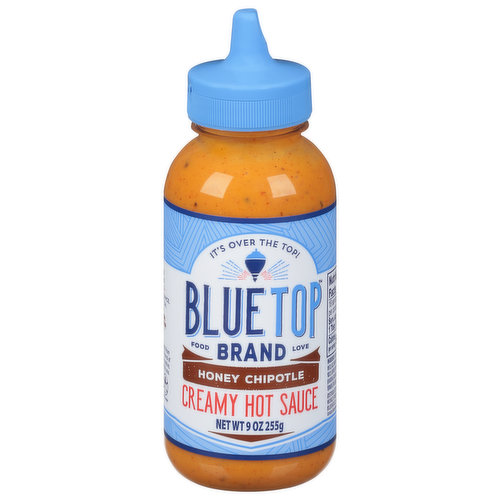 It's over the top! Food love. A hot sauce is one thing but a creamy hot sauce is over the top. A perfect creamy and spicy balance. Squeeze it on, don't drip it on. Especially righteous on tacos, pizza, burgers, chicken, pork, shrimp, fish, curries, soup, fries, veggies or salads. What's Blue Top? We are a group of food lovers, family and friends from Dripping Springs, Texas. We set out to create a brand of sauces to make lives happier. Blue Top means creative fun and extraordinarily delicious recipes, like this one. Happiness is peace, love & Blue Top. No HFCS. No MSG.