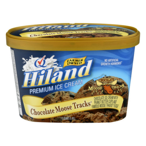 Chocolate ice cream with peanut butter cups and famous moose tracks fudge. Denali Chocolate Moose Tracks. Farmer owned. No artificial growth hormones (The FDA states there is no difference in quality or safety of milk with or without use of rBST). www.hilanddairy.com.