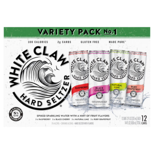Variety Pack No.1. Made Pure. Crafted using our unique BrewPure process and only the finest flavors to deliver a surge of pure refreshment and a hard seltzer like no other. White Claw Hard Seltzer. BrewPure made using our proprietary BrewPure process. Please drink responsibly. Raspberry: Sustainable Forestry Initiative: Certified sourcing. www.sfiprogram.org. Black Cherry: Sustainable Forestry Initiative: Certified sourcing. www.sfiprogram.org. Natural Lime: Sustainable Forestry Initiative: Certified sourcing. www.sfiprogram.org. Ruby Grapefruit: Sustainable Forestry Initiative: Certified sourcing. www.sfiprogram.org.