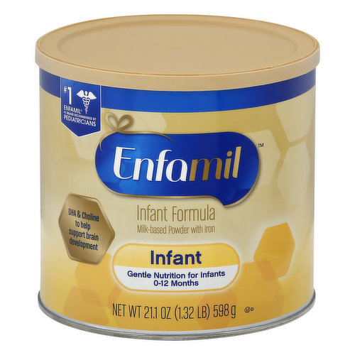 0-12 months. Milk-based powder with iron. No. 1 Enfamil. No. 1 brand recommended by pediatricians. DHA & choline to help support brain development. Milk-based powder with iron. Infant: Gentle nutrition for infants 0-12 months. Enfamil Infant is gentle nutrition tailored for infants 0-12 months. Enfamil infant offers complete nutrition, making this a trusted choice for moms who formula feed and for those who supplement their breastfeeding. Enfamil has DHA and Choline, brain-nourishing nutrients that are also found in breast milk. It also has two prebiotics to support immune health. Facts to Feel Good About: Enfamil is the no. 1 brand recommended by pediatricians. No artificial flavors. No artificial sweeteners. No artificial colors. Experts agree on the many benefits of breast milk. If you choose to use infant formula, ask your baby's doctor about Enfamil Infant. Filled by weight, not by volume; some settling may occur. Makes approx. 151 fl oz. Enfamil.com. If you have a question, we are here for you. Call us toll free: 1-800-Baby123, 8 am to 4:30 pm Monday-Saturday, Central Time. Or visit Enfamil.com. When your baby is 12 months or older, try Enfagrow Toddler Next Step.
