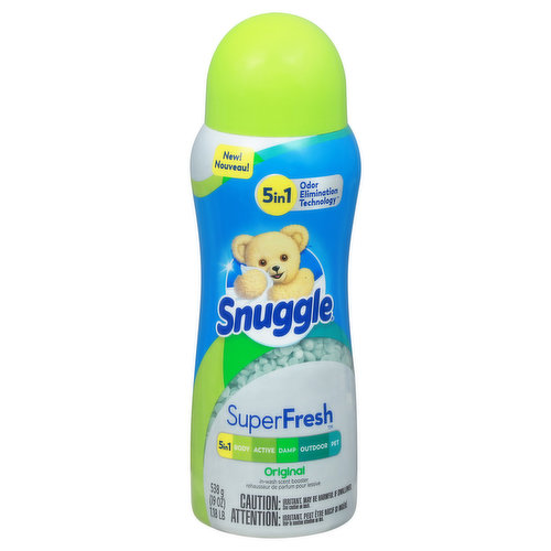 New! 5 in 1 odor elimination technology. 5 in 1 body. Active. Damp. Outdoor. Pet. Snuggle Super Fresh Scent booster is specially formulated to help eliminate tough odors. Pair Snuggle Super fresh scent booster with liquid fabric conditioner and dryer sheets. Dissolves completely in all water temperature. Great for all types of clothing including activewear and sleepwear.