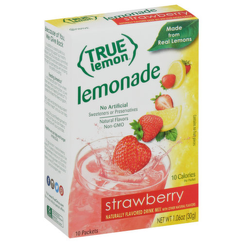 True Lemon Drink Mix, Lemonade, Strawberry, Packets