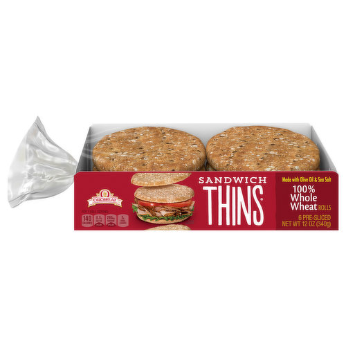 Sandwich Thins rolls makes it easy to fall in love with bread again. Our Sandwich Thins rolls are crafted with pride and baked with premium ingredients like olive oil and sea salt. Perfectly-sized and 140 calories per roll, 100% Whole Wheat Sandwich Thins rolls have 4 grams of fiber and are made with no artificial colors or flavors. Each bite is satisfying and delicious - we love them and know you will too!