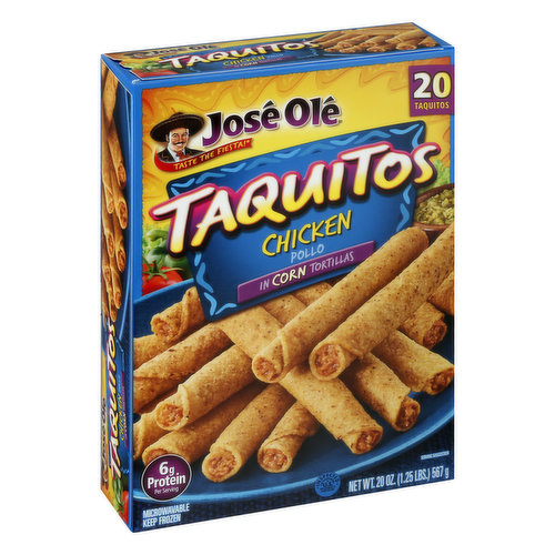 In corn tortillas. 6 g protein per serving. Taste the fiesta! Microwavable. Eat well, live well. Inspected for wholesomeness by US Department of Agriculture. www.joseole.com. Visit us at www.joseole.com. For more info call us at 1-877-653-2181 toll free. Please have this package available.