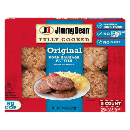 Celebrate the day and the delicious taste of Jimmy Dean Fully Cooked Original Pork Breakfast Sausage Patties. Made with premium pork, seasoned to perfection with our signature blend of spices, these savory Jimmy Dean sausage patties have 8 grams of protein per serving to give you more fuel to help power your day. Simple to prepare and ready in minutes, just microwave and serve.