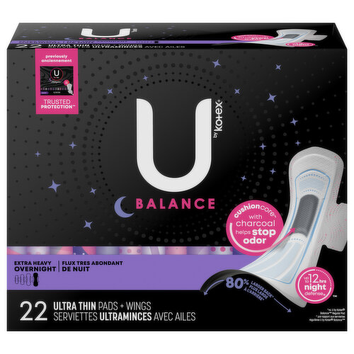 U by Kotex Pads + Wings, Ultra Thin, Extra Heavy Overnight - Super