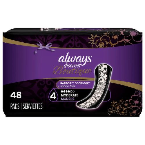 With Always Discreet Boutique Incontinence Pads, bladder leaks don’t get in the way of feeling your best. Discover incredible bladder leak protection that feels like your favorite underwear, thanks to its fabric-like material. A hidden core turns liquid to gel and locks away wetness, so you feel fresh and secure. Always Discreet Boutique lets you walk with poise and makes bladder leaks no big deal.