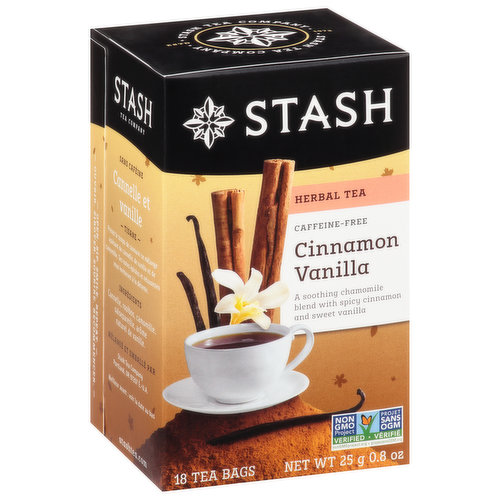 Non-GMO Project verified. nongmoproject.org. A soothing chamomile blend with spicy cinnamon and sweet vanilla. Stash Tea Company. Estd. 1972. Open. Sip. Smile. Repeat. Take a moment to yourself with a cozy cup of this soothing blend. Humming with the spicy warmth of cinnamon, vanilla, and calming chamomile, this tea is the perfect choice for sweet relaxation. stashtea.com. Certified B Corporation. This box is recyclable and printed with environmentally-friendly vegetable-based inks.