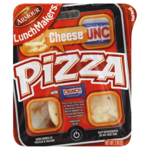 Pizza crust, pizza sauce, low-moisture part-skim mozzarella cheese, Nestle Crunch bar, pasteurized process American cheese. Good source of protein & calcium. www.lunchmakers.com.