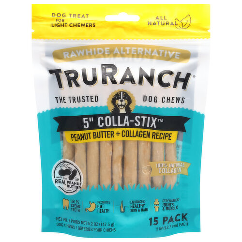 TruRanch Dog Chews, Peanut Butter + Collagen Recipe, 5 Inch Peanut Butter Stix, Rawhide Alternative, 15 Pack