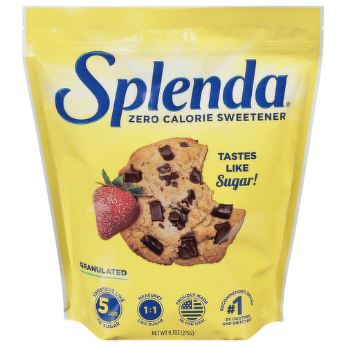 Splenda zero-calorie granulated sweetener is a perfect zero-calorie sugar alternative. Great for sweetening all of your favorite recipes like baked goods, glazes, dressings and drinks! Use it anywhere sugar is normally called for. It conveniently measures cup for cup like sugar, tastes like sugar, and has zero calories making it easy to use and substitute for sugar without sacrificing the sweet taste you love.
