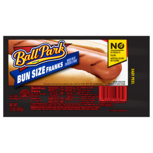 Ball Park Classic Bun Size Length Hot Dogs are made with no artificial flavors, colors, fillers or by products. The bold flavor of Ball Park franks is perfect for your outdoor barbecues and ball games. Grill these franks and serve with your favorite condiments. These Ball Park hot dogs are easy to prepare on the stove or in the microwave. Each pack includes 8 hot dogs.