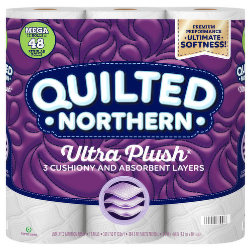 Mega 12 rolls = 48 regular rolls. Premium performance ultimate softness! 3 cushiony and absorbent layers. Septic safe. Persnickety about the good life. Confession: we can be a little obsessive about all the tiny details that go into our products. After all, crafting Quilted Northern Ultra Plush to upgrade your bathroom experience matters. That's why it features: three cushiony and absorbent layers for ultimate comfort that still offer a worry-free, septic-safe solution. Our patented technology that delivers the softness you want while cutting down on what you don't (lint!).  Flushable and septic safe for standard sewer and septic systems. FSC Mix - Paper from responsible sources. Our trees are sourced from well-managed, FSC certified forests and other responsible sources.