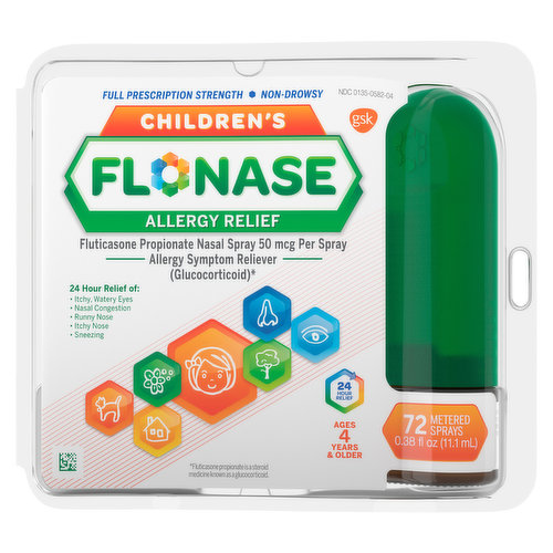 Flonase Children's Allergy Medicine relieves your child's worst allergy symptoms in a non-drowsy formula for year-round, all day indoor and outdoor relief. Unlike most kids allergy medicine, Children's Flonase relieves runny nose, sneezing, itchy nose, itchy eyes and watery eyes, plus nasal congestion.* Children's Flonase contains fluticasone propionate nasal spray, the #1 pediatrician prescribed allergy medicine.** Easy-to-use Flonase nasal spray helps kids achieve more complete relief of allergy symptoms caused by pollen, mold, dust and pet dander. The non-drowsy allergy medicine for kids ages 4 to 11 is specially formulated for allergy relief to keep kids energized and focused throughout the day. To use: once daily, place the small nozzle tip inside the child's nose and spray gently in each nostril.*Vs. single¬-ingredient antihistamines which do not treat nasal congestion. **Based on the Cumulative IMS Prescription Data Jan 2015 – Sep 2020.