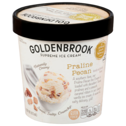 Naturally creamy. Sweet. Salty. Crunchy. Processed at plant stamped on container. You’ll love the Indulgent Combination of Flavors in Goldenbrook supreme ice cream. We start with Farm Fresh Milk and only the Finest Ingredients, then hand-blend in Small Batches to create an ice cream so delicious that one scoop just won’t do. Go ahead, dig in it’s that good. Made from farm fresh milk and only the finest ingredients. Hand-crafted. Indulgent. Delicious. No artificial growth hormones ever (No artificial growth hormones used in our milk and cream. According to the FDA, no significant difference has been shown between dairy derived from rBST-treated and non-rBST-treated cows)=100% cow approved.