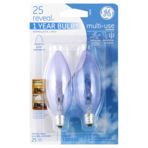 1 year bulb (one year life based on rated life at 4 hours consumer use per day). Ceiling fan; decorative. Energy Used: 25 watts. Life: 1500 hours. Rugged bulb construction withstands ceiling fan vibration. Transform every room in your home from ordinary to extraordinary with Reveal bulbs. Multi-Use: ceiling fan; decorative. Made in China.