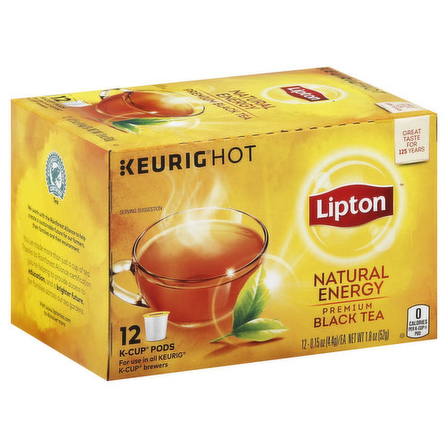 Great taste for 125 years. For use in all Keurig K-Cup brewers. For product inquiries call: 1-888-LiptonT (1-888-547-8668). For brewer inquiries contact: 1-866-901-Brew/ 1-866-901-2739. www.Keurig.com. Find us on Facebook.com/Keurig or Twitter.com/Keurig. This package is recyclable. Energize: Great-tasting, aromatic tea that naturally has caffeine to keep you alert and energized. Be more tea. 0 calories per K-cup pod. Rainforest Alliance Certified Tea: We work with the Rainforest Alliance to help create a sustainable future for our farmers, their families and their environment. You've made more than just a cup of tea. Thanks to Rainforest Alliance certification, you're helping to provide access to education, and a brighter future, for families across our tea gardens. Visit www.liptontea.com to discover more. Printed in Canada.