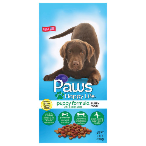 Calorie Content (Calculated): Metabolizable Energy (ME) 3,598 kcal/kg; 368 kcal/cup. Paws Happy Life Puppy Formula Puppy Food is formulated to meet the nutritional levels established by the AAFCO Dog Food Nutrient Profiles for all life stages, including growth of large size dogs (70 lbs. or more as an adult).