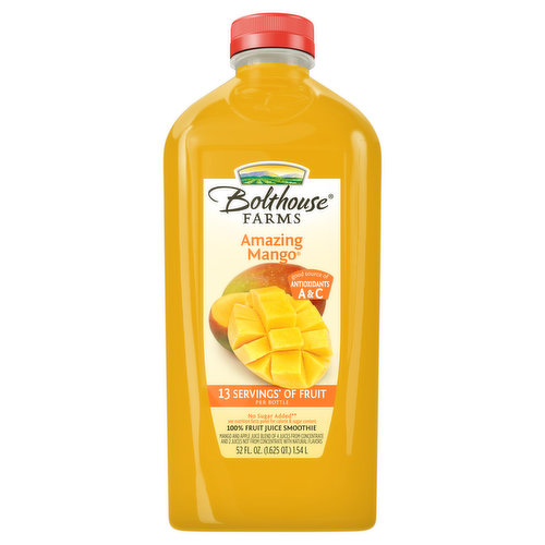 13 servinga (One serving equals 4 cup of juice. Daily recommendation: 4 servings of a variety of fruit, including whole fruits, for a 2,000 calorie diet (myplate)) of fruit per bottle. Feel good about what's in this bottle. Which includes the juice of (not an exhaustive list): 7 3/4 mangos, 3 3/4 apples oranges. No artificial preservatives. After more than 100 years of working the land, one lesson rises to the top: The best beverages come from the best ingredients. Crisp veggies. Ripe fruit. Delicious dairy. All blended together to make great-tasting juices, smoothies and protein shakes. Goodness in, goodness out. Settling is natural. Flash pasteurized and cold-filled for quality. Please recycle.