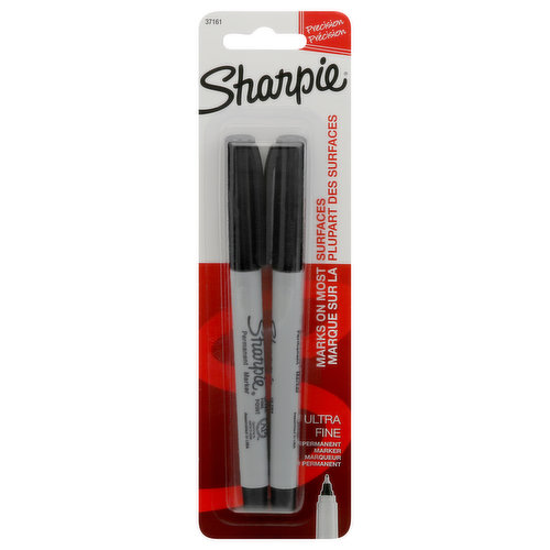 Precision. Marks on most surfaces. Twin tip. Precise, narrow tip for extreme control. Quick drying. Fade and water-resistant ink. Contents: 2 Black Ultra Fine Point Permanent Markers. ACMI AP: Art & Creative Materials Institute certified. Conforms to ASTM D 4236. www.sharpie.com. We would love to hear from you 1.800.346.3278. Experience Sharpie More: Ultra Fine; Twin Tip; Retractable. Chisel. Assembled in USA.