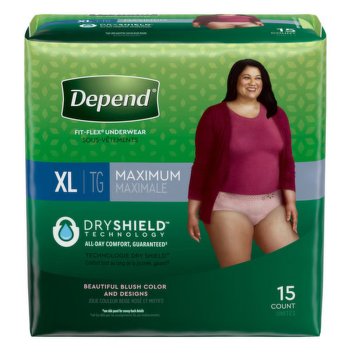 Dry shield technology. Beautiful blush color and designs. Ready to experience the beautiful design and trusted protection of Depend Fit-Flex Underwear? 3 in 1 Protection: maximum absorbency, odor control, and dryness. Soft, flexible fabric for a comfortable fit. Sure fit waistband help keep underwear in place. Form-fitting elastic strands for a smooth, discreet fit. Dispose of properly. Discard in trash.