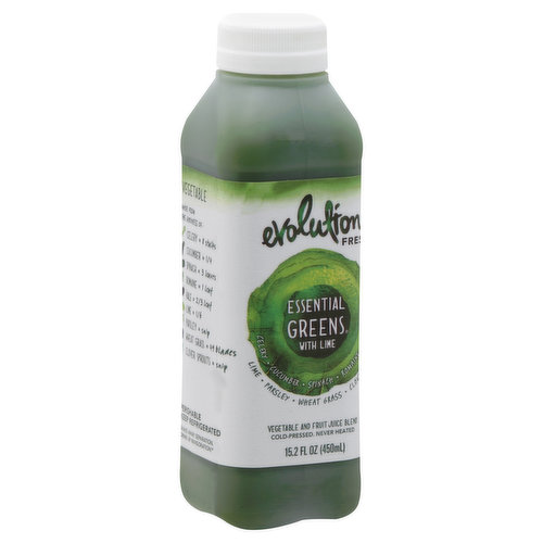 Celery. Cucumber. Spinach. Romaine. Kale. Lime. Parsley. Wheat grass. Clover sprouts. Cold-pressed. Never heated. We believe in following nature's lead. We're not taking credit for what's been perfected, just making it a little easier to get. We cold-press and squeeze whole fruits and vegetables in our juicery every day, to bring you juices alive with vitality and full of what nature intended. You deserve to drink something you feel good about, because it makes you feel good. Here's to your vibrant energy - it's your time to thrive! - Jimmy, Founder, Evolution Fresh. High-pressure processed. Vegetable: Made from the Goodness of: celery = 8 stalks; cucumber = 1/4; spinach = 3 leaves; romaine = 1 leaf; kale = 2/3 leaf; lime = 1/6; parsley = snip; wheat grass = 49 blades; clover sprouts = snip. 100% juice. evolutionfresh.com.