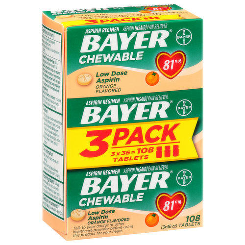 Bayer Aspirin, Low Dose, Chewable, 81 mg, Orange Flavored, Tablets, 3 Pack