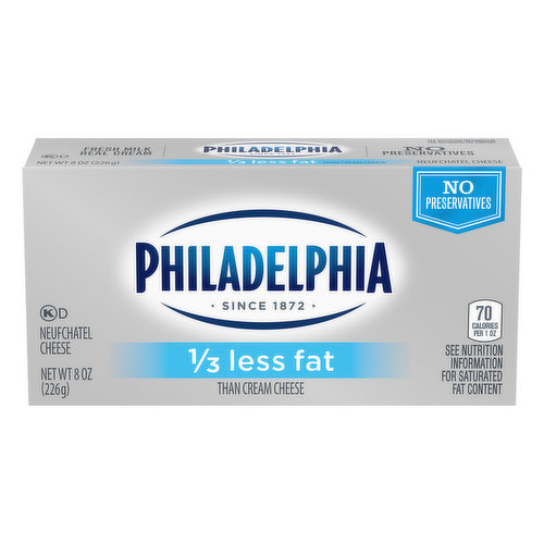 Philadelphia 1/3 Less Fat Cream Cheese delivers the same delicious taste of cream cheese with 1/3 less fat. Our 1/3 Less Fat cream cheese is made with fresh milk and cream. It's perfect for making creamy cheesecake for any get-together or occasion. Discover just how easy it is to make cheesecake with Philadelphia. Try it in other delicious recipes like dips, appetizers and cream cheese frosting.