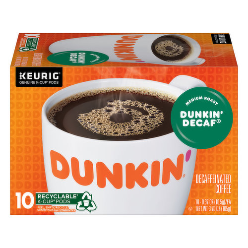 Keurig genuine K-Cup pods. 100% premium Arabica coffee. It's a success story that started in 1950 as a single donut shop in Quincy, Massachusetts, and now includes over 9,500 shops. Sure, Dunkin has been known for its donuts over the years, but it's our coffee that's kept America running. And just what kind of brew could create such a stir? Open this box and find out. The rich, smooth taste of Dunkin Original Blend, decaffeinated. Brew yourself a cup and enjoy the great taste of Dunkin at home. Only Genuine K-Cup pods are optimally designed by Keurig for your Keurig coffee maker to deliver the perfect beverage in every cup. dunkinathome.com www.Keurig.com. how2recycle.info. Find us on Facebook.com/Keurig or Twitter.com/Keurig. Love this coffee? Try our other delicious varieties. Visit dunkinathome.com for more information. For comments or questions, call 1-800-374-5308. For more information about Dunkin at Home products contact: The J.M. Smucker Company Orrville, OH 44677 USA 1-800-374-5308 / dunkinathome.com. For brewer inquiries contact: Keurig Green Mountain, Inc. 1-866-901-Brew / 1-866-901-2739. To learn more, visit Keurig.com/Genuinek-CupPod. Under the license of Master Finance Llc.www.Keurig.com. Visit Keurig.com/recyclable to learn more. This carton is made with recycled material. Recyclable (Not recycled in all communities) K-cup pods. Peel, empty, recycle. Check locally (Not recycled in all communities) to recycle empty cup. Please recycle. how2recycle.info. Peel: Starting at puncture, peel lid and dispose. Empty: Compost or dispose of grounds. (Filter can remain). 